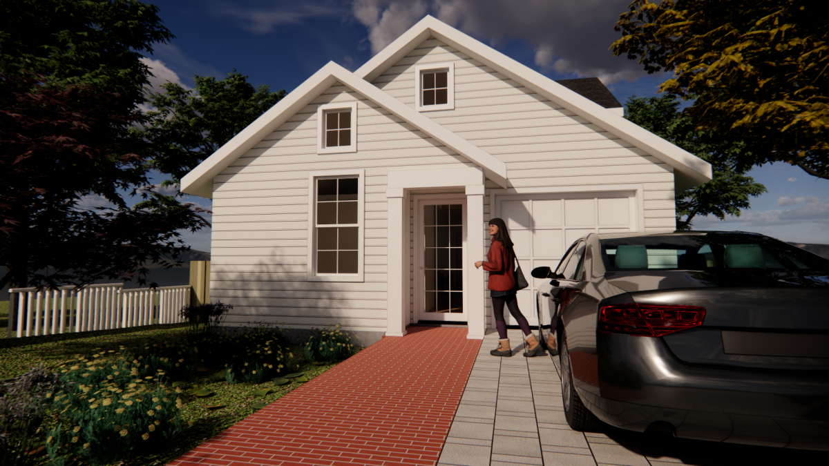Exterior rendering of little white cottage house.