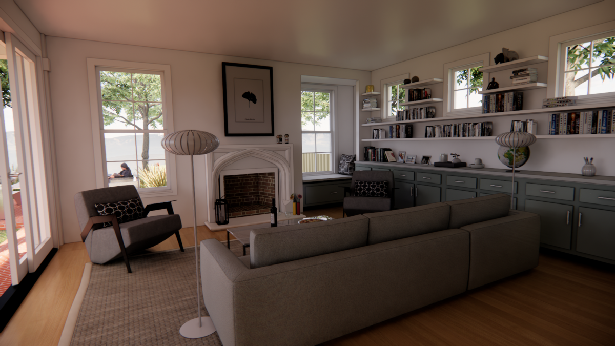 Interior rendering of small cottage living room.