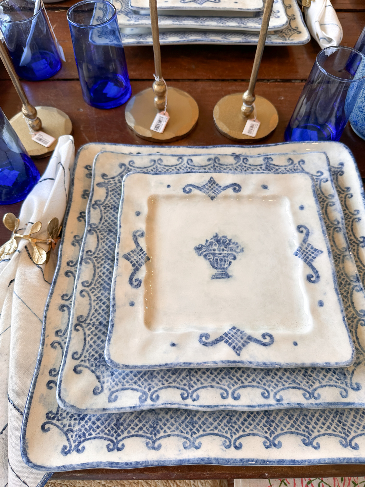 Square blue and white plates.