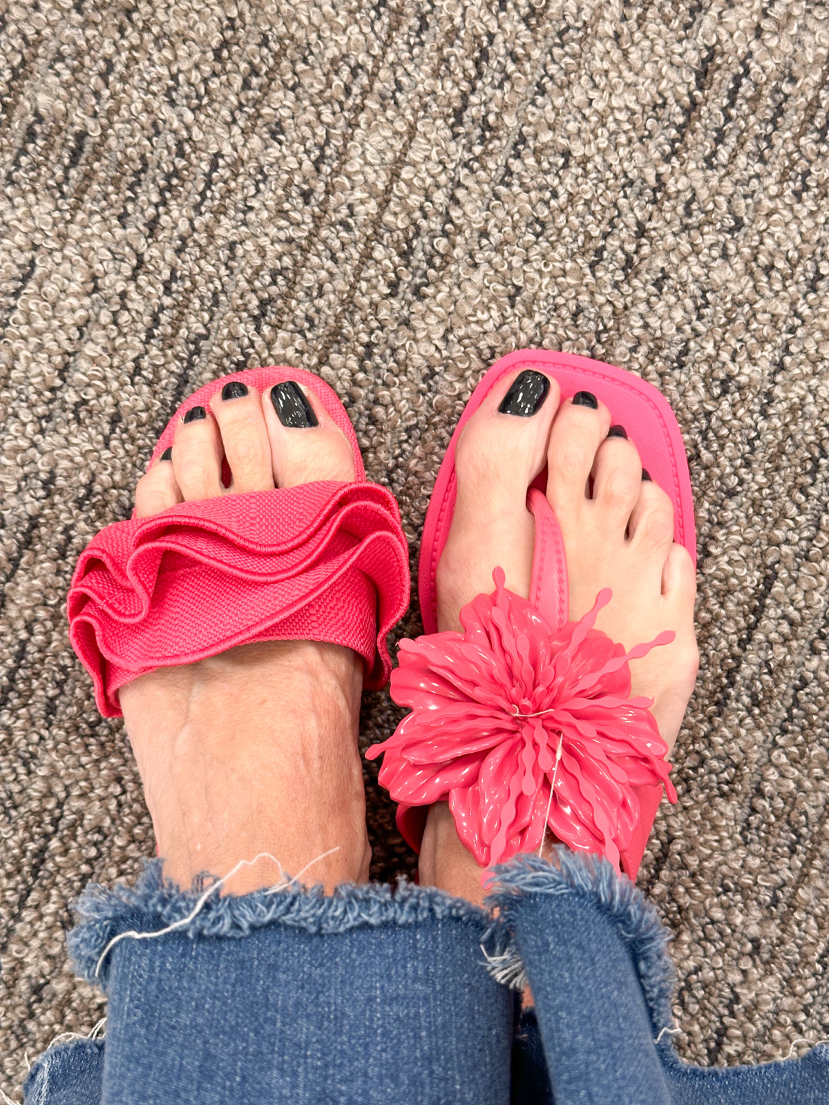 Hot pink sandals.