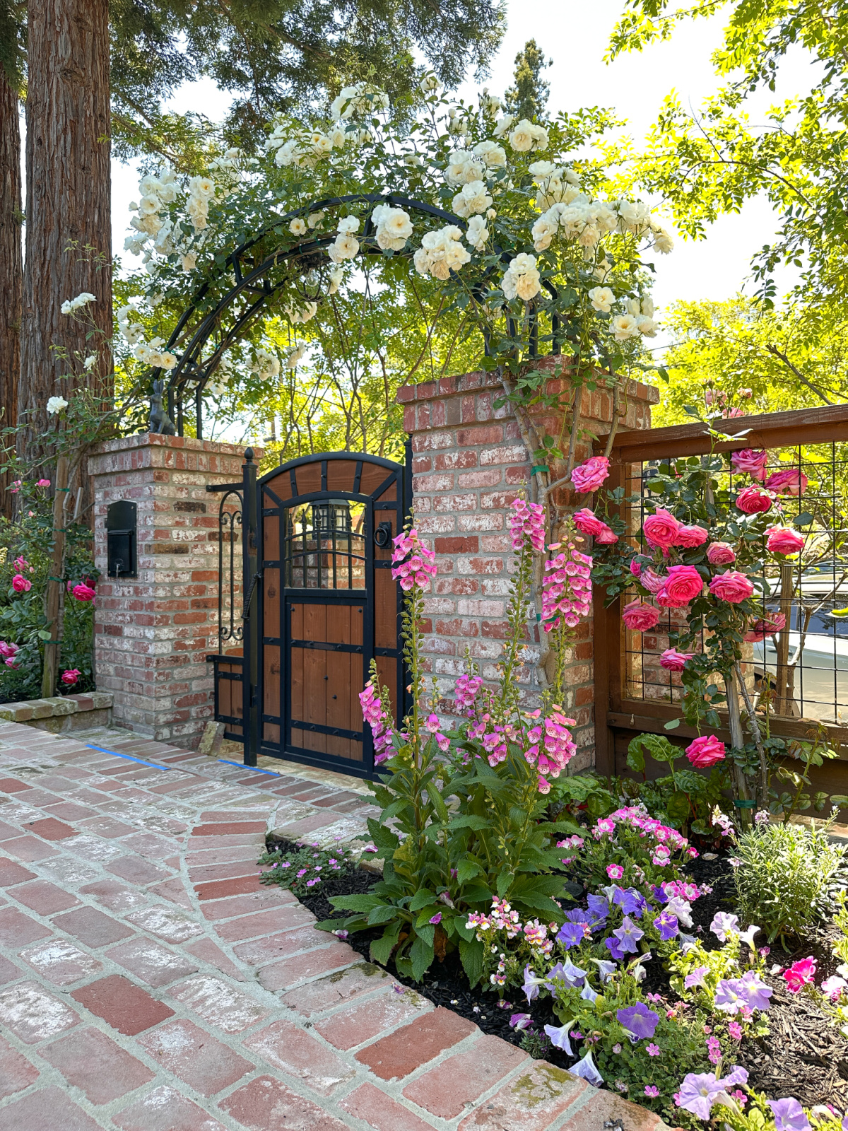 Garden gate covered by roses and other colorful flowers.