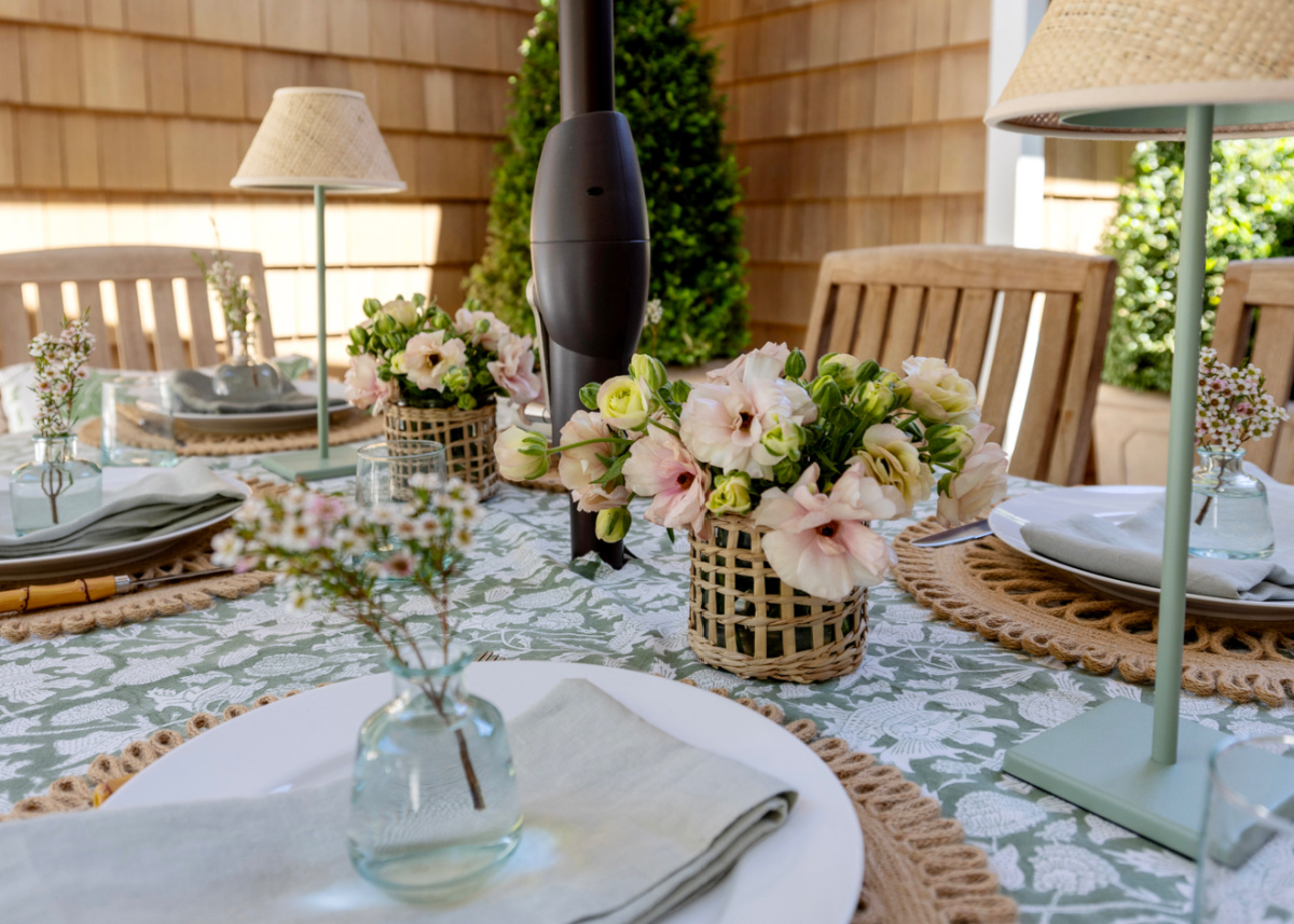 Green and white outdoor table setting.