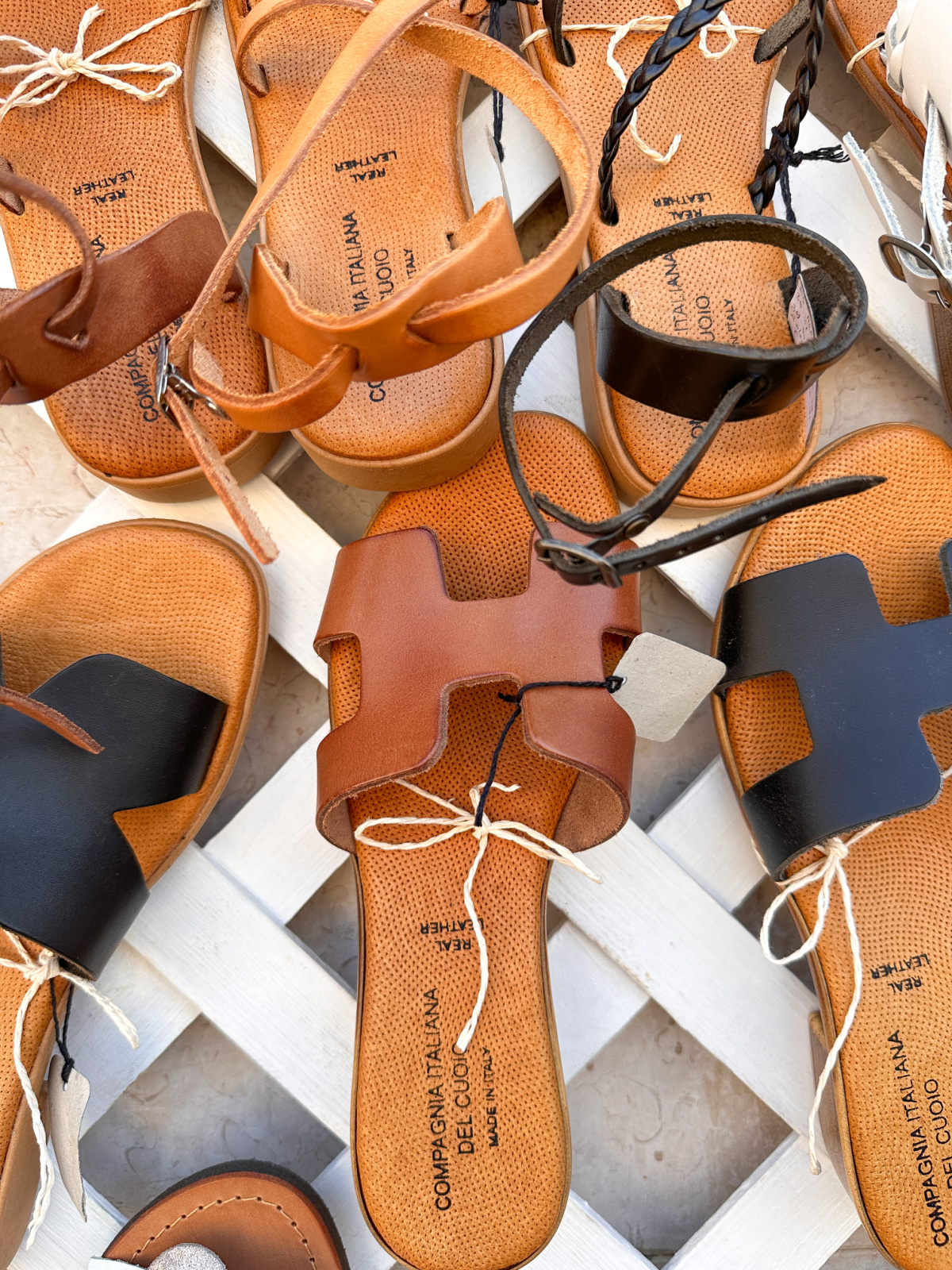 Leather sandals for sale in Lecce, Italy.